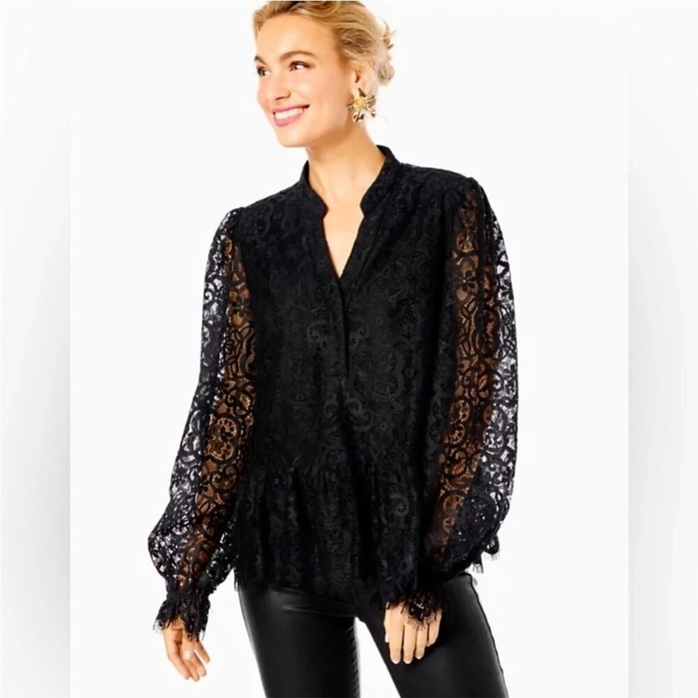 Lilly Pulitzer Black Lace Jacelynne Long Sleeve V-Neck Top Shirt Blouse L